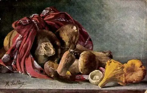Künstler Ak Billing, M., Pilze, Pfifferlinge, Champignons, Korb, Stillleben