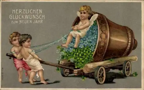 Präge Ak Glückwunsch Neujahr, Kleeblatt, Engel, Glocke
