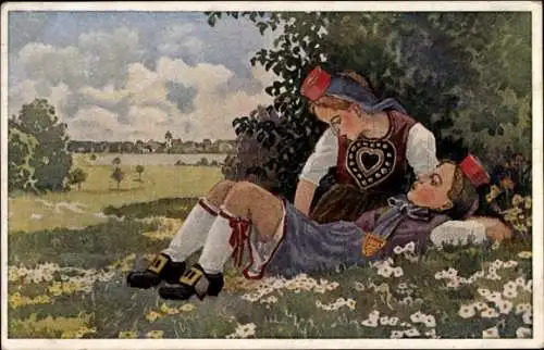 Künstler Ak Hessische Trachten, zwei Mädchen in Schwälmer Volkstrachten