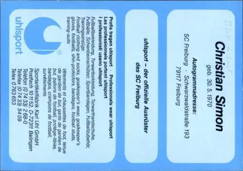 Autogrammkarte Fußballer Christian Simon, SC Freiburg, Autogramm