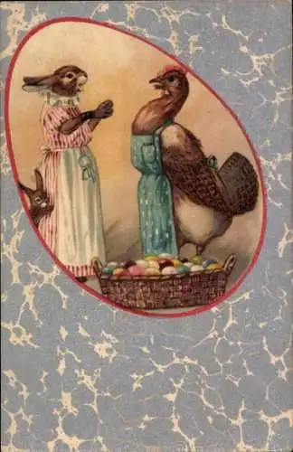 Ak Frohe Ostern, Hasenfrau, Korb mit Ostereiern, vermenschlichte Henne