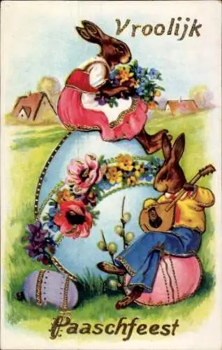 Ak Frohe Ostern, Osterei, Osterhase spielt Gitarre, Weidenkätzchen