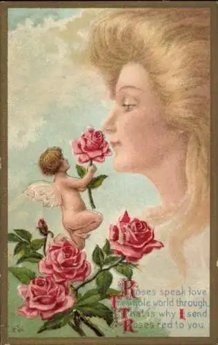 Jugendstil Künstler Ak Liebesengel mit Rosen, Frauenbildnis