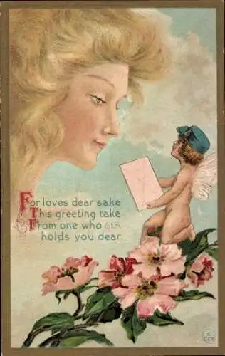 Jugenstil Ak Liebesengel, Amor mit Brief, Frauenbildnis