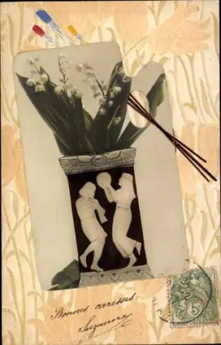 Jugendstil Präge Passepartout Ak ägyptische Vase mit Maiglöckchen, Malerpalette
