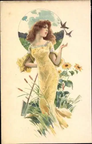 Jugendstil Ak Junge Frau in gelbem Kleid, Vögel, Schaufel, Blumen