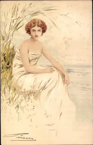Jugendstil Künstler Ak Dame im weißen Kleid an der Küste