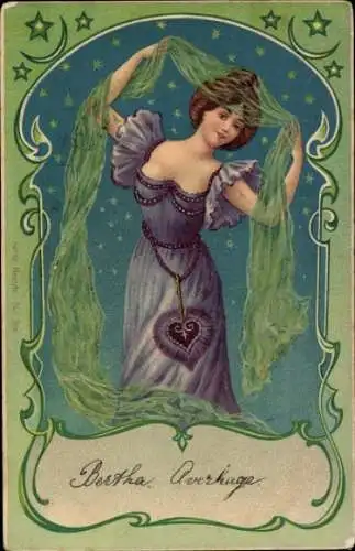 Jugendstil Präge Litho Dame im blauen Kleid, Schleier, Mond, Sterne