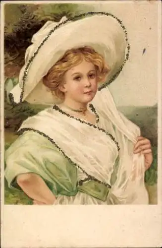 Glitzer Jugendstil Künstler Ak Frauenportrait, Hut, Tuch