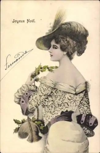 Jugendstil Litho Frohe Weihnachten, Frauenportrait, Stechpalmenzweige