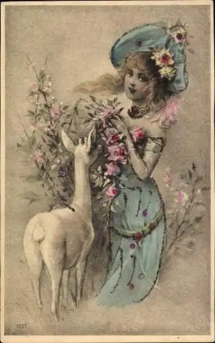 Jugendstil Glitzer Ak Frau im blauen Kleid, Hut, Reh, Blumen