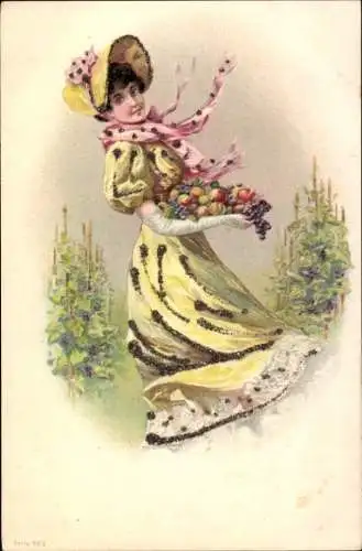 Glitzer Jugendstil Litho Dame im gelben Kleid, Ernte, Früchte