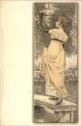 Jugendstil Ak Junge Frau auf Bank stehend pflückt Apfel, Rock