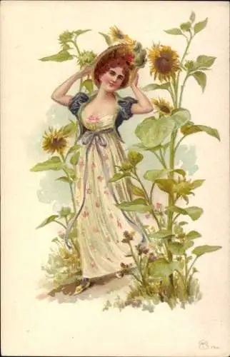 Jugendstil Künstler Ak Dame zwischen Sonnenblumen