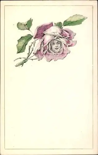 Jugendstil Ak Frauenbildnis in einer Rosenblüte