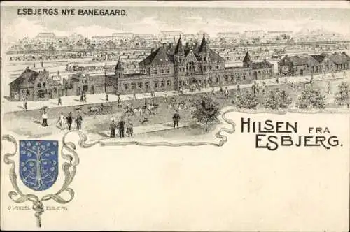 Litho Esbjerg Dänemark, Panorama, Neuer Bahnhof, Wappen