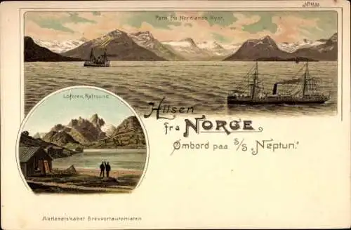 Litho Raftsund Lofoten Norwegen, Nordland-Küste, Dampfschiff SS Neptun