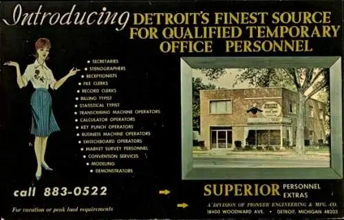Ak Detroit Michigan USA, Abeitsvermittlung für Büropersonal, Superior Personnel Extras