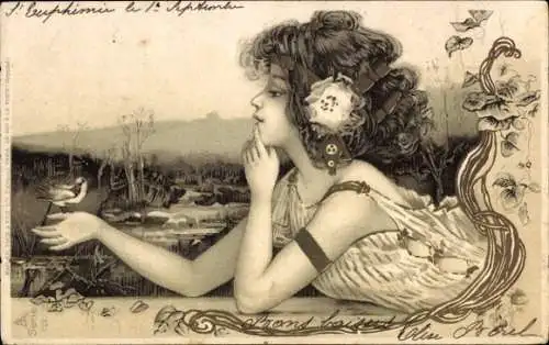 Jugendstil Litho Junge Frau mit Kopfschmuck, Vogel