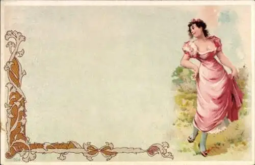 Jugendstil Litho Dame im rosafarbenen Kleid