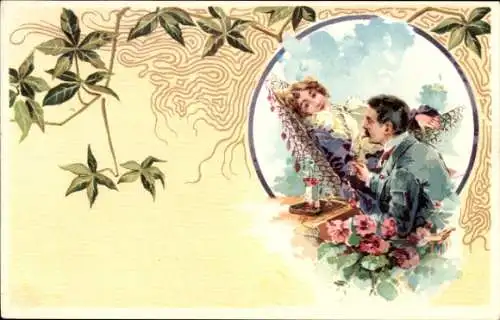 Jugendstil Künstler Ak Liebespaar, verträumte Frau