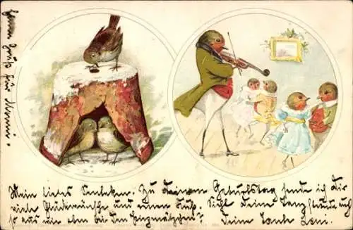 Künstler Litho Vermenschlichte Vögel, Rotkehlchen beim Tanz, Geiger, Vögel in einem Tontopf