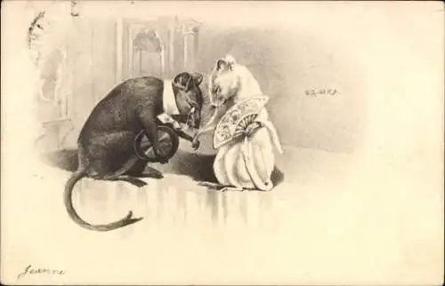 Litho Vermenschlichtes Mäusepaar, Handkuss, Dame mit Fächer