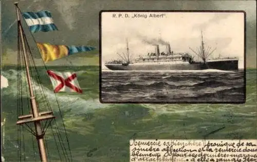 Passepartout Ak Reichspostdampfer König Albert auf See, NDL, Flaggen