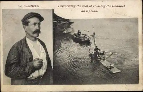 Ak W. Westlake, Überquerung des Ärmelkanals auf einer Planke, Ruderboot