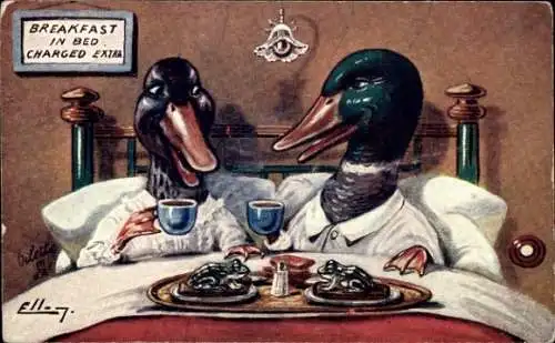 Künstler Ak Vermenschlichte Enten, Frühstück im Bett