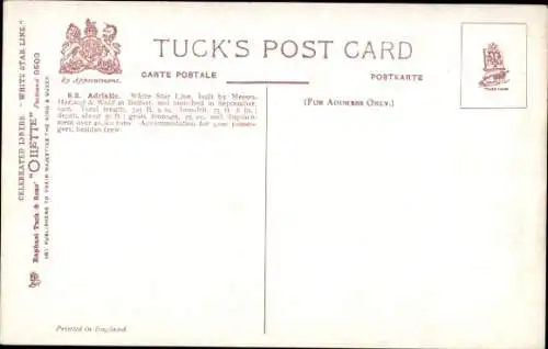 Künstler Ak SS Adriatic, White Star Line