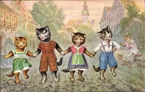 Künstler Ak Row, F., Vermenschlichte Katzenkinder, singend auf einer Straße