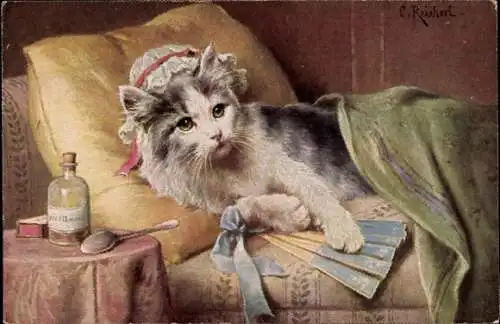 Künstler Ak Reichert, C., vermenschlichte Katze mit Haube und Fächer