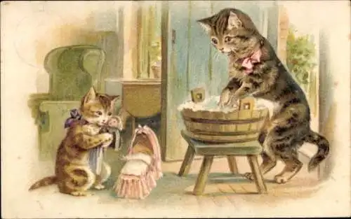 Litho Katzenjunges mit Puppe, Mutter beim Waschen