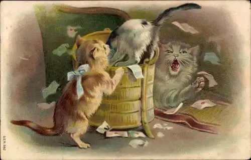 Präge Ak Drei Katzen, Korb mit Briefen
