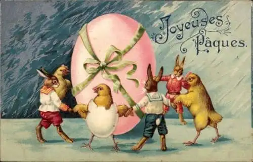 Litho Frohe Ostern, Osterhasen und Küken tanzen um Ei herum