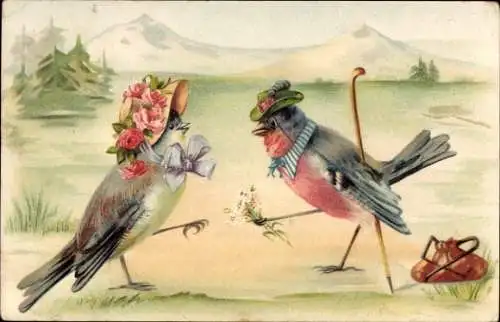 Litho Zwei vermenschlichte Vögel, Liebespaar
