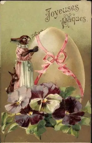 Präge Ak Frohe Ostern, Osterhasen, Osterei, Stiefmütterchen