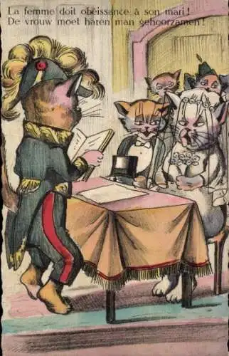 Künstler Ak Vermenschlichte Katzen bei der Hochzeit