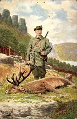 Künstler Ak König Friedrich August III von Sachsen bei der Jagd, erlegter Hirsch