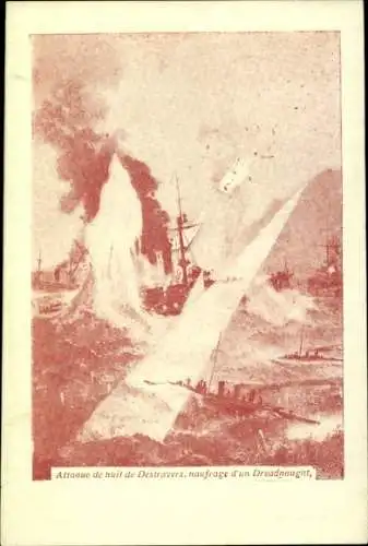Künstler Ak Britische Kriegsschiffe in der Schlacht, Nachtangriff, Destroyer, Dreadnought
