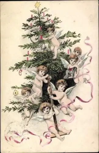 Ak Frohe Weihnachten, Engel mit Tannenbaum