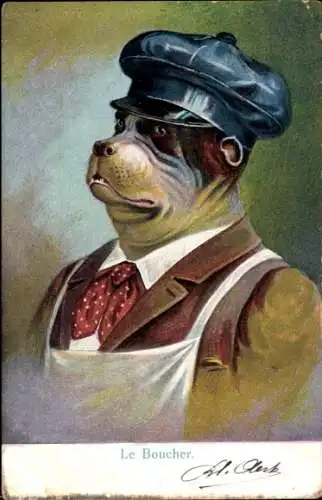 Künstler Ak Der Metzger, vermenschlichter Hund, Mütze, Schürze