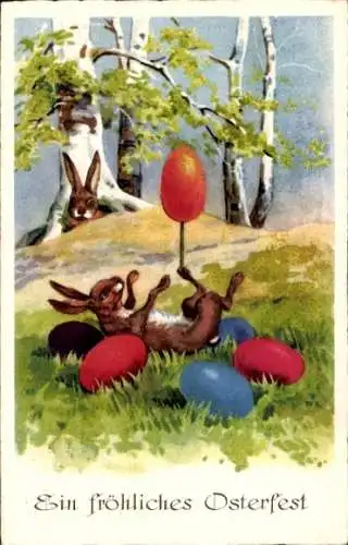 Ak Frohe Ostern, Osterhase balanciert ein Osterei