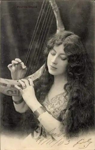 Ak Frau mit langem Haar, Harfe