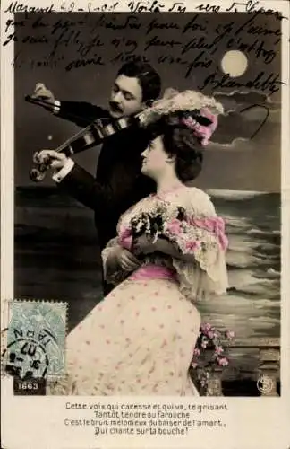 Ak Liebespaar, Mondlicht, Geigenspieler