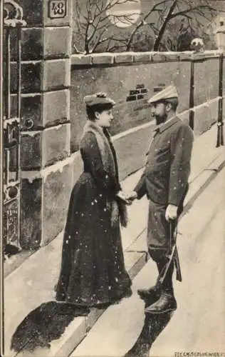 Ak Paar mit Schlittschuhen, Mond