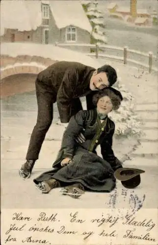 Ak Pärchen mit Schlittschuhen, hingefallen