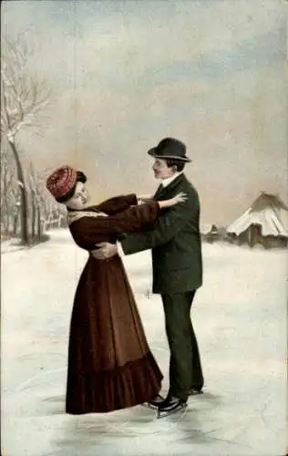 Ak Paar beim Schlittschuhlaufen auf einem zugefrorenen See