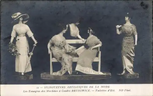 Ak Künstlerische Silhouetten der Mode, Damen in Sommermode, Kleider, Nähmaschine Brunswick